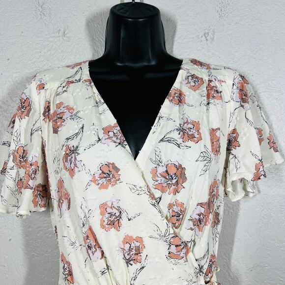 Everly Floral Wrap Dress Pink Cream Short Sleeve Midi Spring Flowy - S - Picture 3 of 5